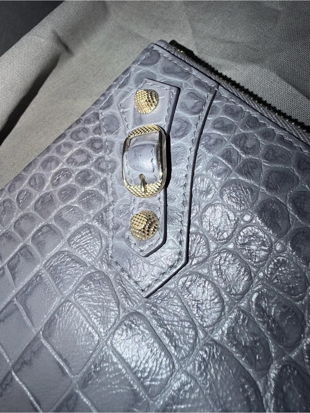 Balenciaga Croc-Embossed Leather Pouch in Slate Gray with Gold Hardware Auth COA